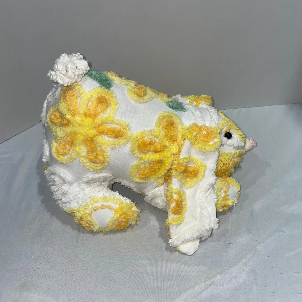 Vintage Chenille Bunny Rabbit Plush Yellow Floral Tufted Stuffed Animal Easter